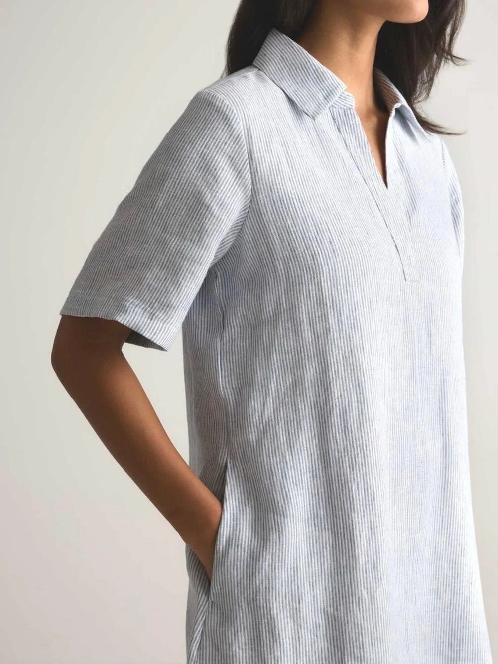 Quince 100% European Linen Popover Mini Dress Blue Pinstripe M Summer Pockets - Picture 4 of 15